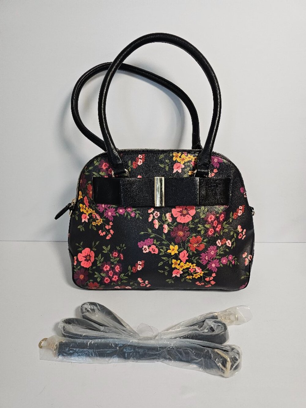 Apt 9 Satchel Black Pink Floral Cottage Faux Leather Crossbody